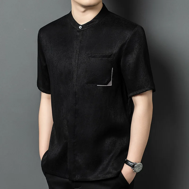 

Real Silk Summer High-End Xiangyun Yarn Stand Collar Short Sleeve Shirt Men's Loose Casual New Chinese Style Thin Clothing