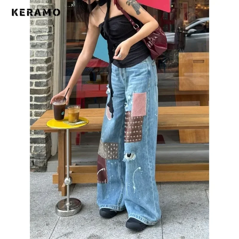 Rua vintage cintura alta reta emo jeans feminino casual rasgado calças baggy y2k perna larga grunge retalhos denim calças