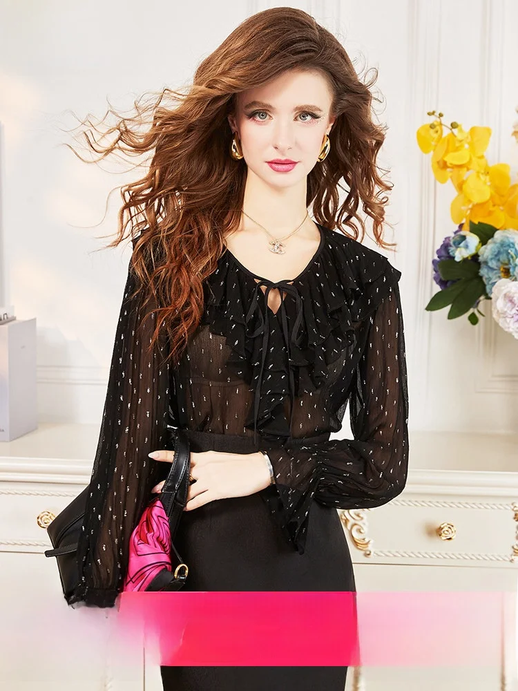 

Black Polka Dot Bell Sleeve Shirt Women's Spring Lightweight Design Sense Bow Tie Top Polyester Fiber Commute Style