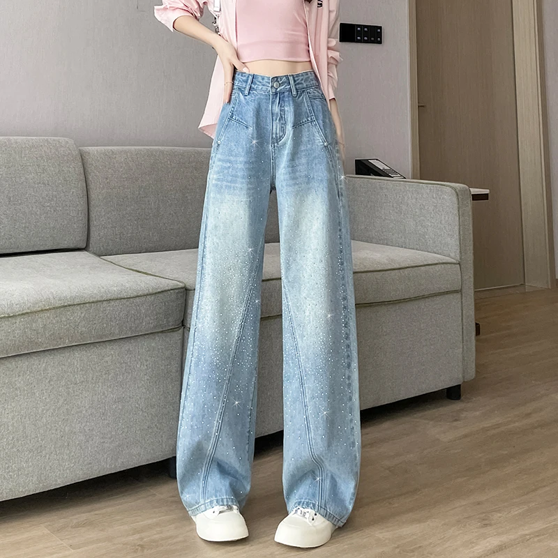 KSTUN Women High Waist Straight Leg Jeans Rhinestone Embellished Loose Y2K Casual Denim Pants Women's Slimming Wide Leg Trousers