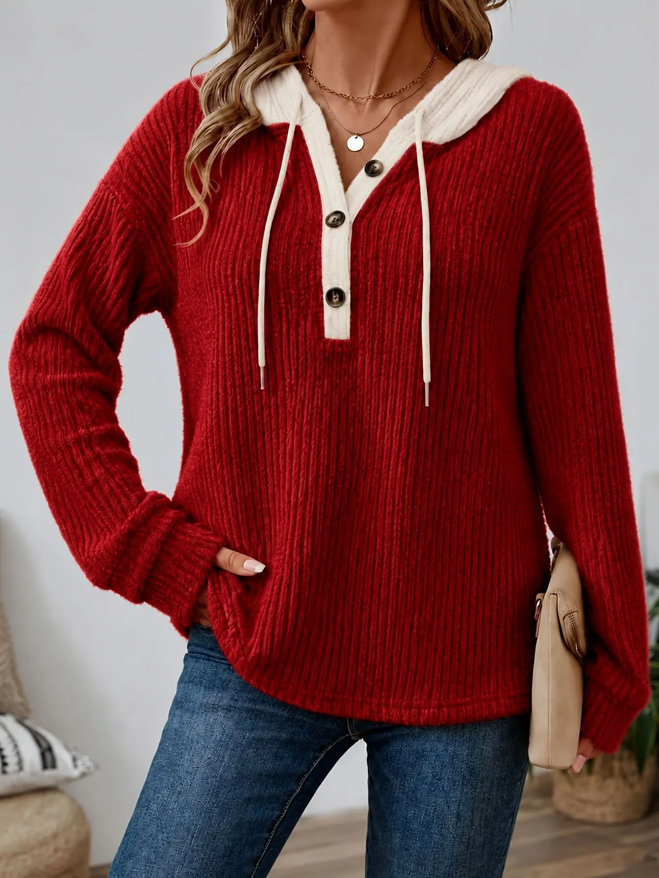 Color Blocking Casual Sweater Loose Fashionable Autumn Winter Lazy Style Long Sleeved V-neck Button Knit Hooded Pullover