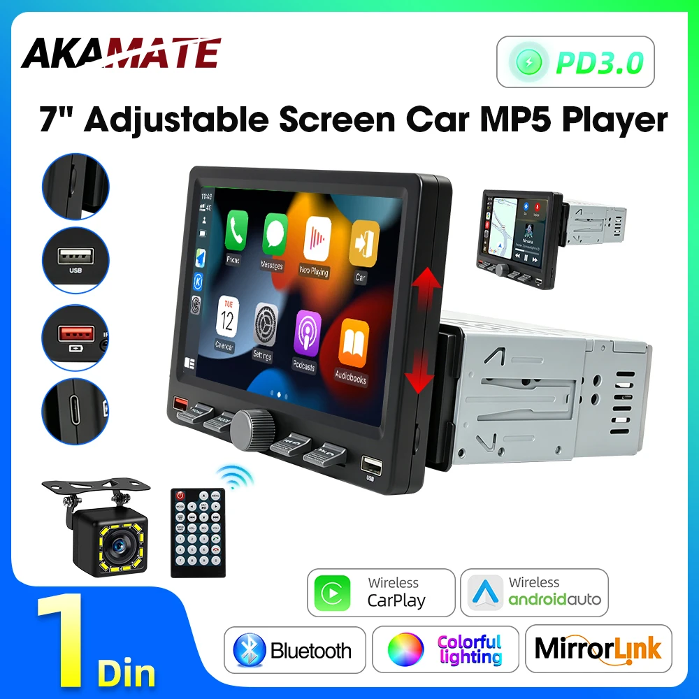 1Din Car Radio CarPlay Android Auto 7inch Display Move the Screen Up / Down FM Radio Bluetooth USB Multimedia Player EQ Stereo