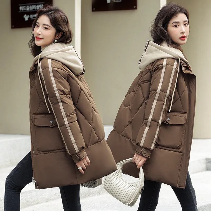 Hooded Parkas Coats Women Mid Length Solid Jackets Drawstring Pocket Zipper Long Sleeves Loose Office Lady Casual 2025 Winter