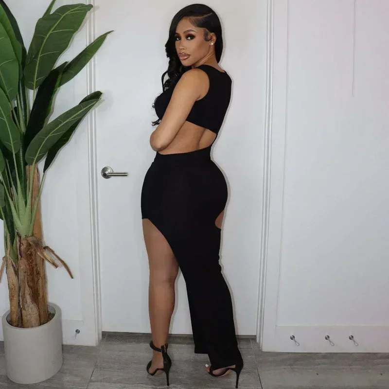 GUWU Mode Cut-Out Bodycon Langes Kleid Frau Aushöhlen Schwarz Nacht Kleider Sexy Party Clubwear Ausgehen Outfits