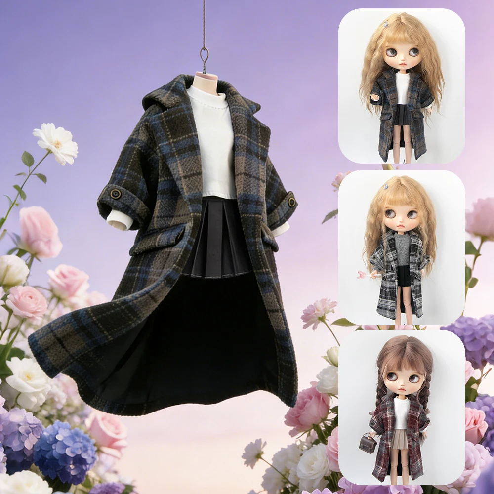 

Blyth Doll Clothes Retro Loose Plaid Wool Coat Outfit Pleated Mini Skirt Solid Tee Set for OB22 YMY Licca Azone Doll Accessories