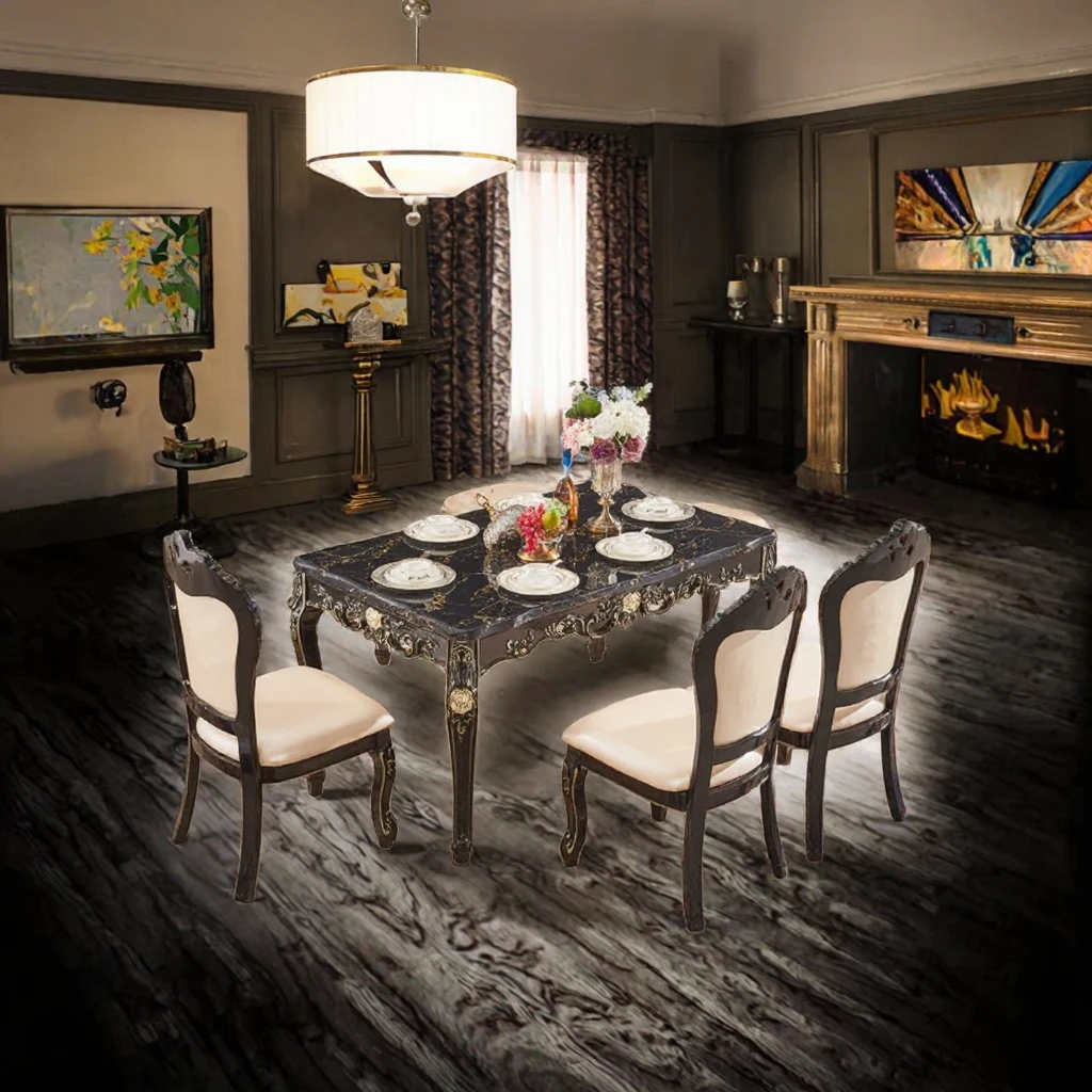 #Wholesale European Neoclassical Dining Room Set Black Wood Mahogany Rectangle Table Marble Counter Top Gold Accents Rotating