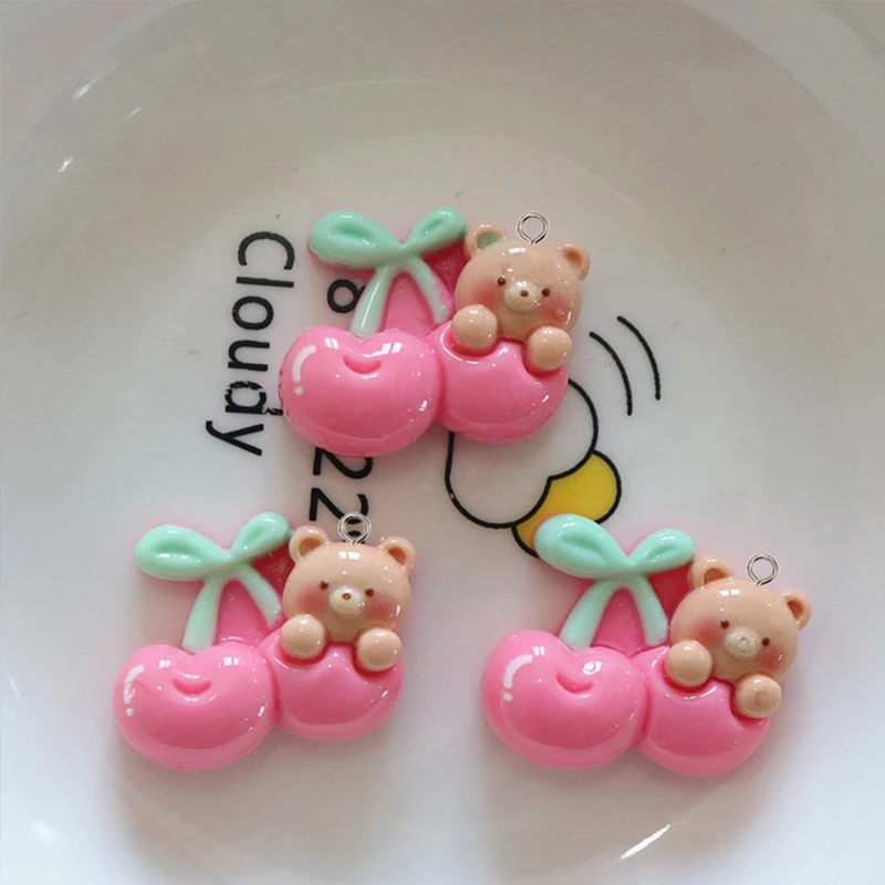 10Pcs Cartoon Rabbit Bear Resin Charms Kawaii Cherry Strawberry Animals Pendants for Keychains Earrings DIY Jewelry Making Craft