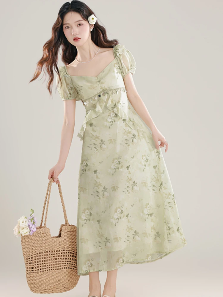 Zomer Groene Bloemen Chic Diamons Ruches Jurk Vrouwen Bladerdeeg Mouw Vierkante Kraag Casual Jurk 2023 Koreaanse Mode Bodycon Vestidos