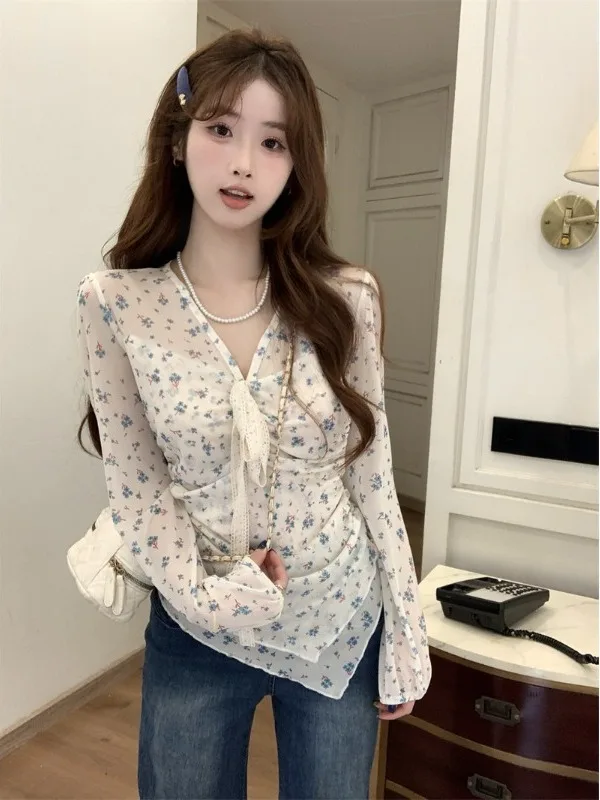 Floral V-neck Long Sleeve Chiffon Shirt Women's Spring New plus Size Slimming Concealing Top Korean Style Loose Fit Printed