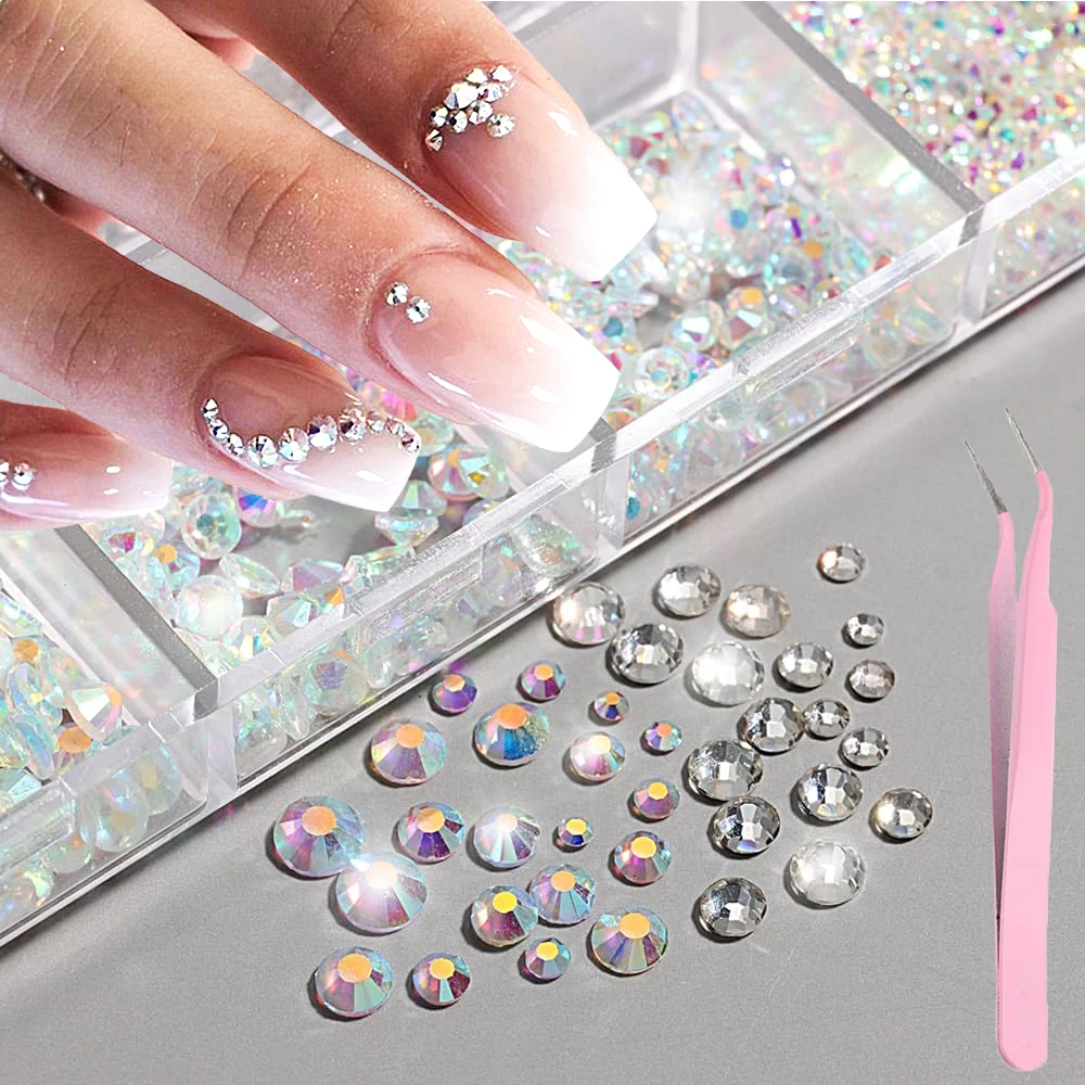 

12Grid/Box 3D AB/Clear Gems Nail Art Rhinestones With Tweezer Luxury Mixed Size Flatback Glass Crystal Nail Jewelry Nail Diamond