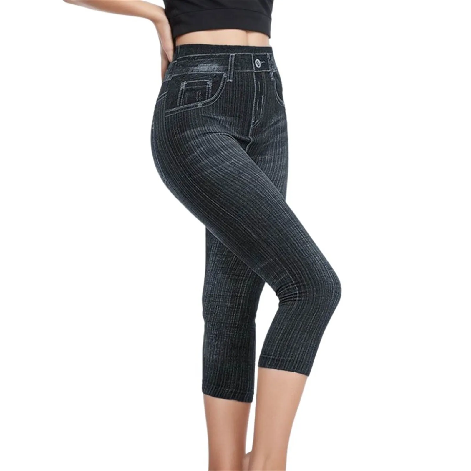 Vrouwen Imitatie Denim Stijl Stretch Leggings Sexy Mode Shapewear Bedrukte Strakke Potlood Capri Broek