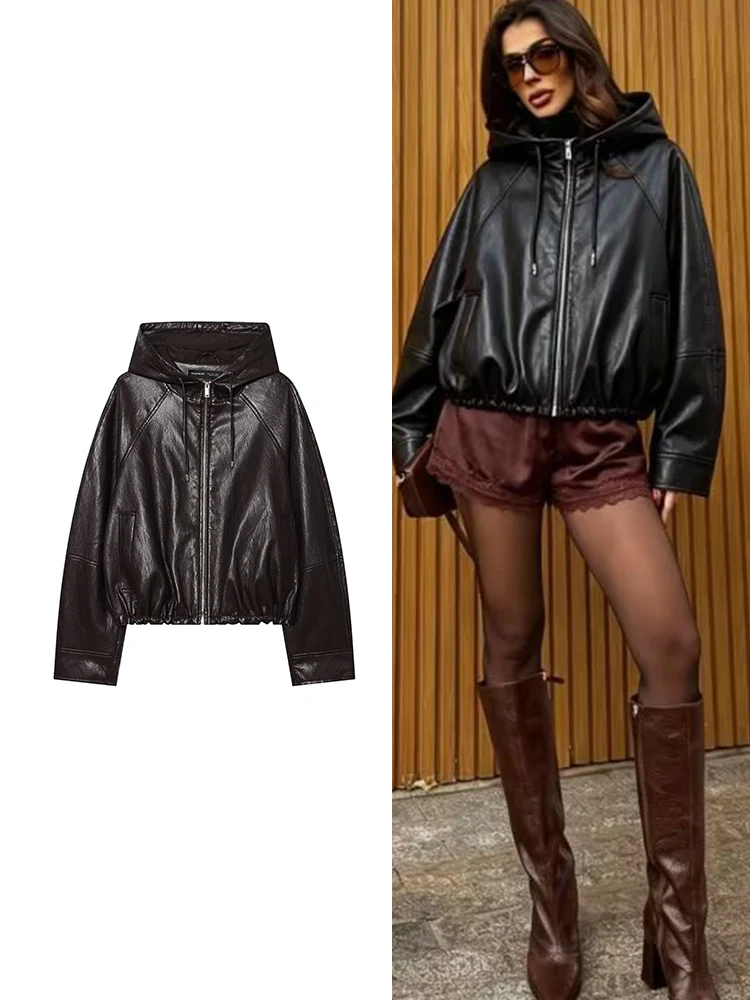 

TFMLN Women High Street Black Pu Leather Coat Casual Loose Zipper Hooded Jackets Fashion Long Sleeve Windbreaker Jacket 2026 New