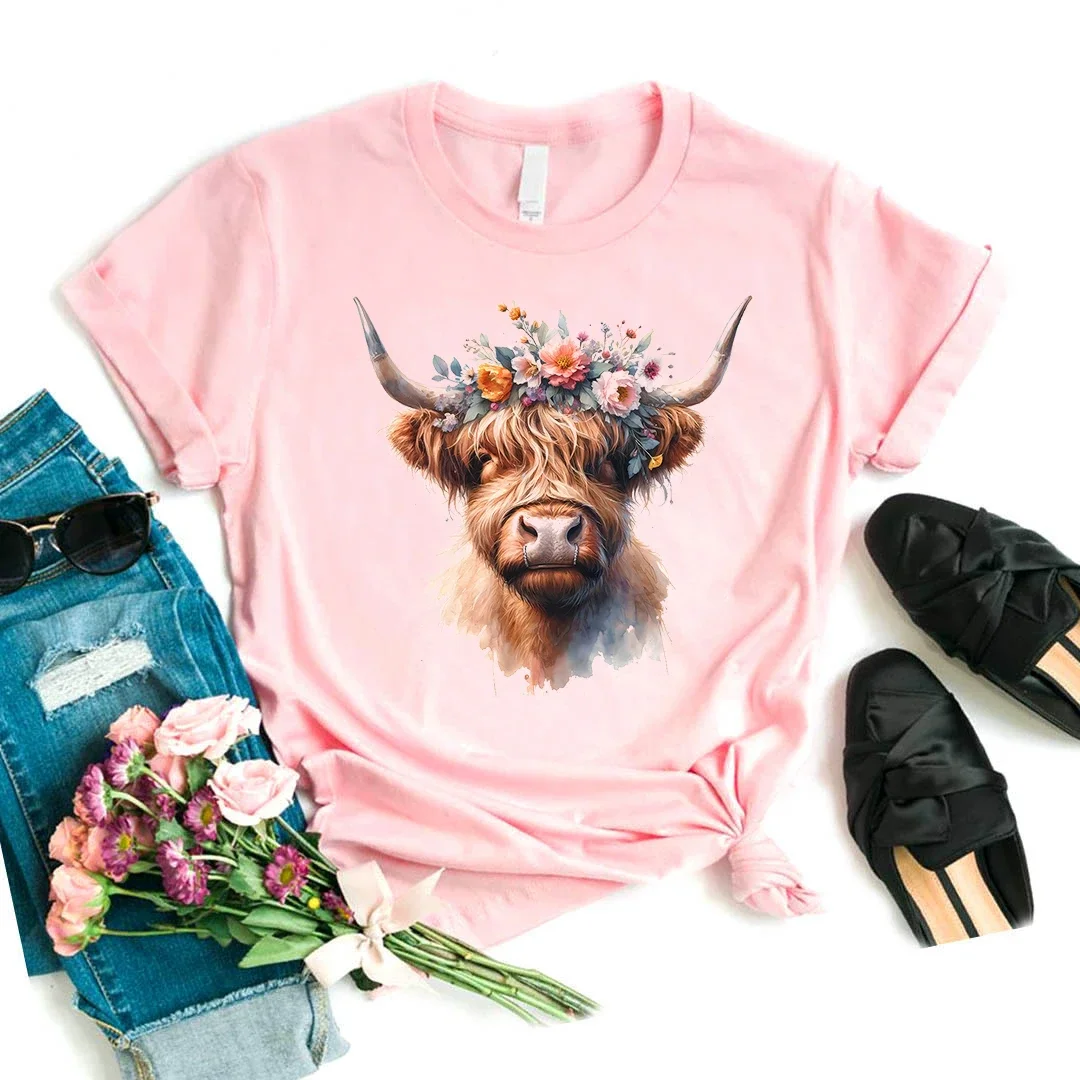 New Highland Cow Floral Crown Printed Pink T Shirt Girls Harajuku Kawaii Summer Fashion Tops Tee Shirt Femme T-Shirt