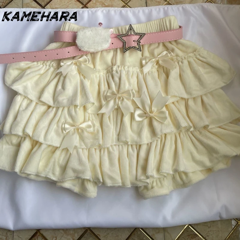 

KAMEHARA Y2K Sweet Ruffles Mini Skirts Kawaii Lolita Bow A Line Skirts Harajuku Japanese High Waist Pink White Ball Gown Skirt