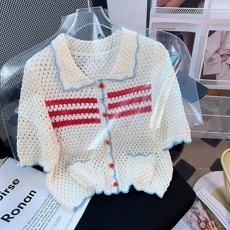 2026 Summer New Dopamine Cardigan Peter Pan Collar Short Crochet Hollow Color Matching Knitted Short-sleeved Chic Top