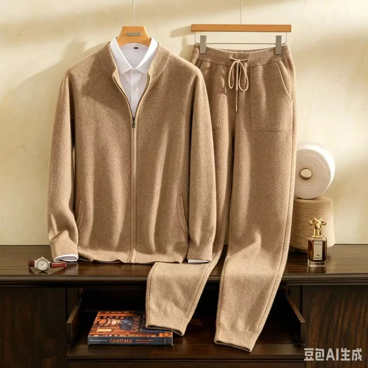 High quality 100% cashmere men's suit Mock Neck zipper cardigan jacket knitted pants pocket two-piece set/thickened air layer