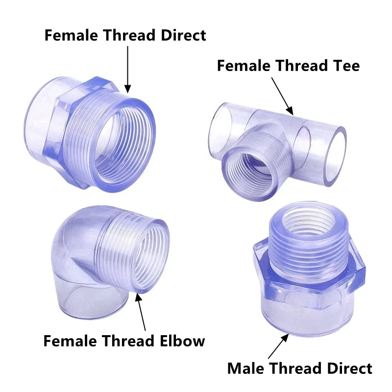 1PC Transparent Blue 1/2''~2'' To 20~63mm UPVC Thread Connector Irrigation Drainage Pipe Fittings Thread Direct/Elbow/Tee/Union