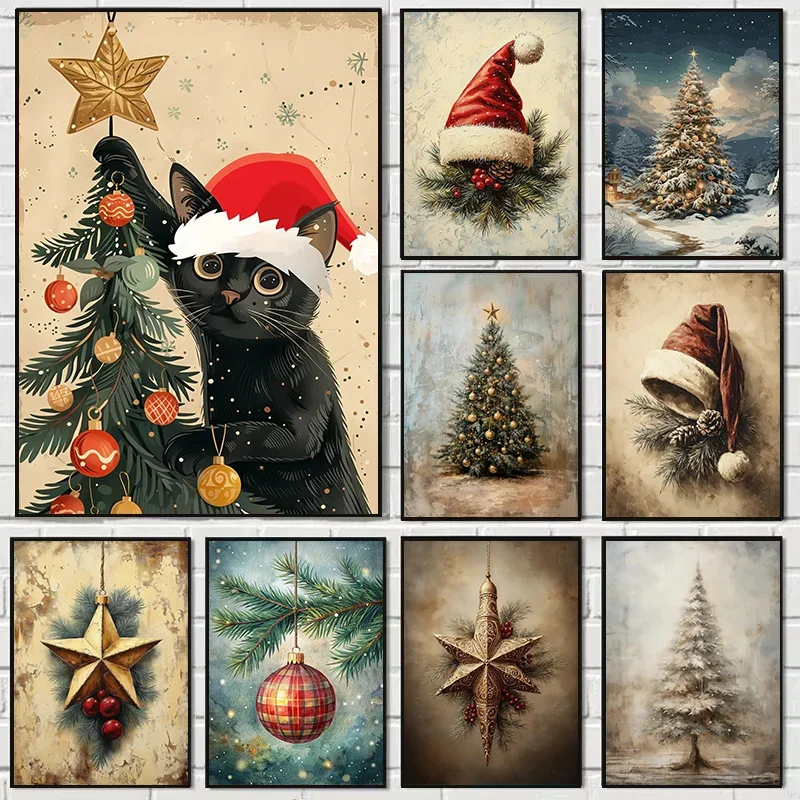 Vintage Christmas Tree Christmas Red Hat Canvas Poster - Unframed Black Cat Canvas Prints for Living Room and Bedroom Decoration