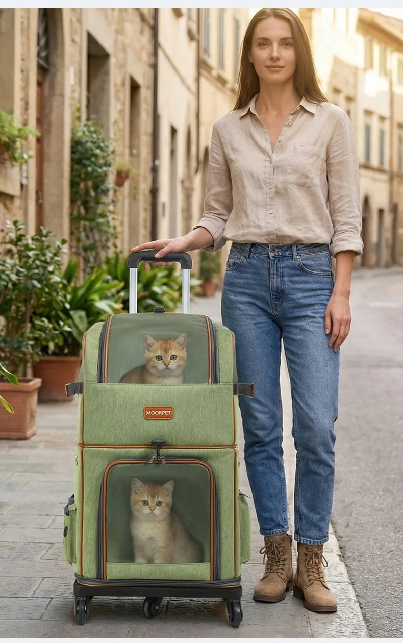 Detachable Wheeled Pet Backpack Carrier Dual Layer Space Cat Dog Travel Bag Breathable Mesh for 2 Small Puppies Kitten Outdoor