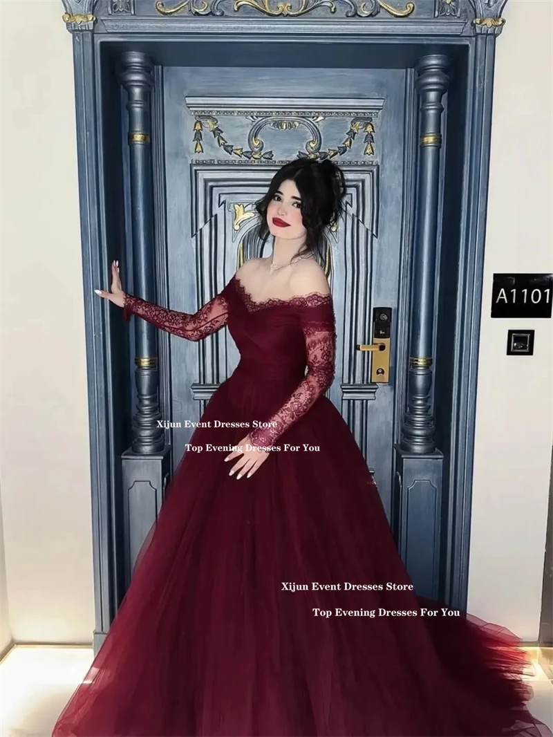 Xijun Bordeaux Kant Lange Avondjurken Uit De Schouder A-lijn Formele Galajurk Sweetheart Luxe Dubai Galajurk Aangepast