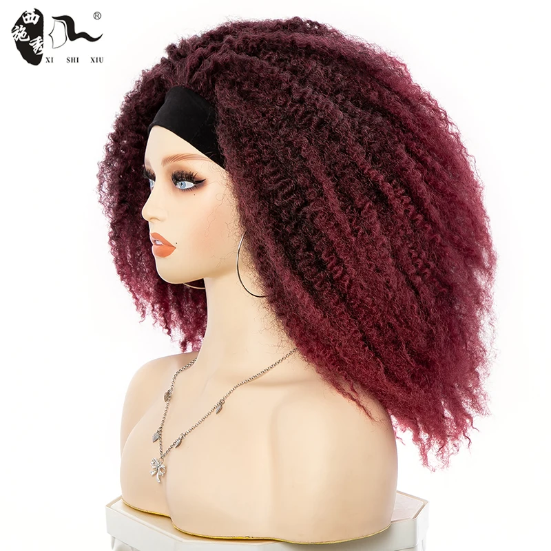 Perruque Synthétique Afro Crépue et Bouclée pour Femme, Faux Cheveux Afro Fluffy, Turban Rond, Ombré Noir Bordeaux, 18 Pouces