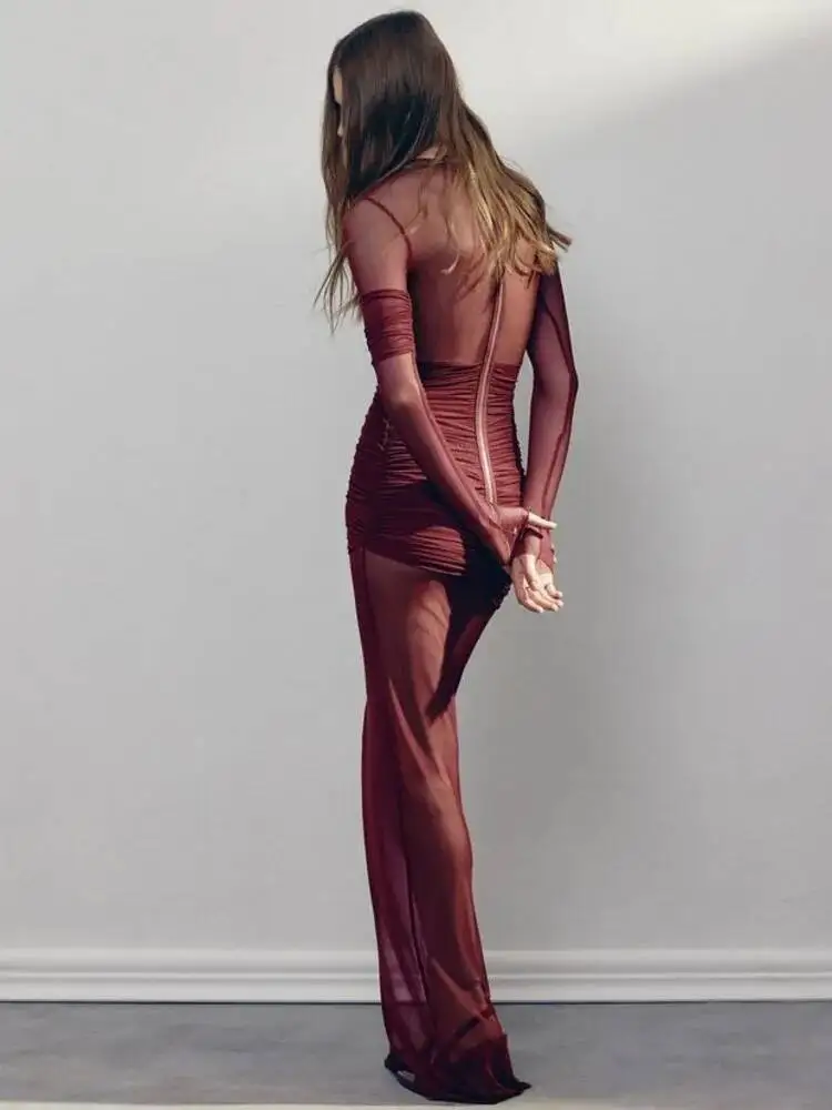 Elegante malha retalhos manga longa bodycon festa clube vestido de noite sexy dupla camada perspectiva vestido outono roupas iw56