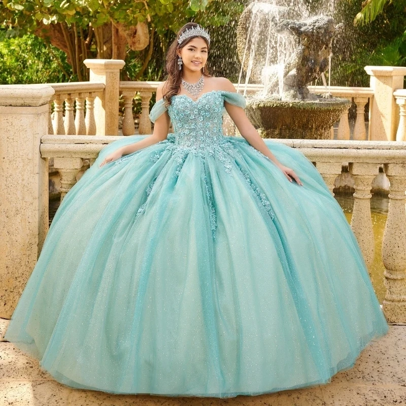 

Aqua Blue Shiny Princess Quinceanera Dresses Off The Shoulder Beads Crystal Tull Corset Lace-up vestidos de 15años Prom Sweet 16