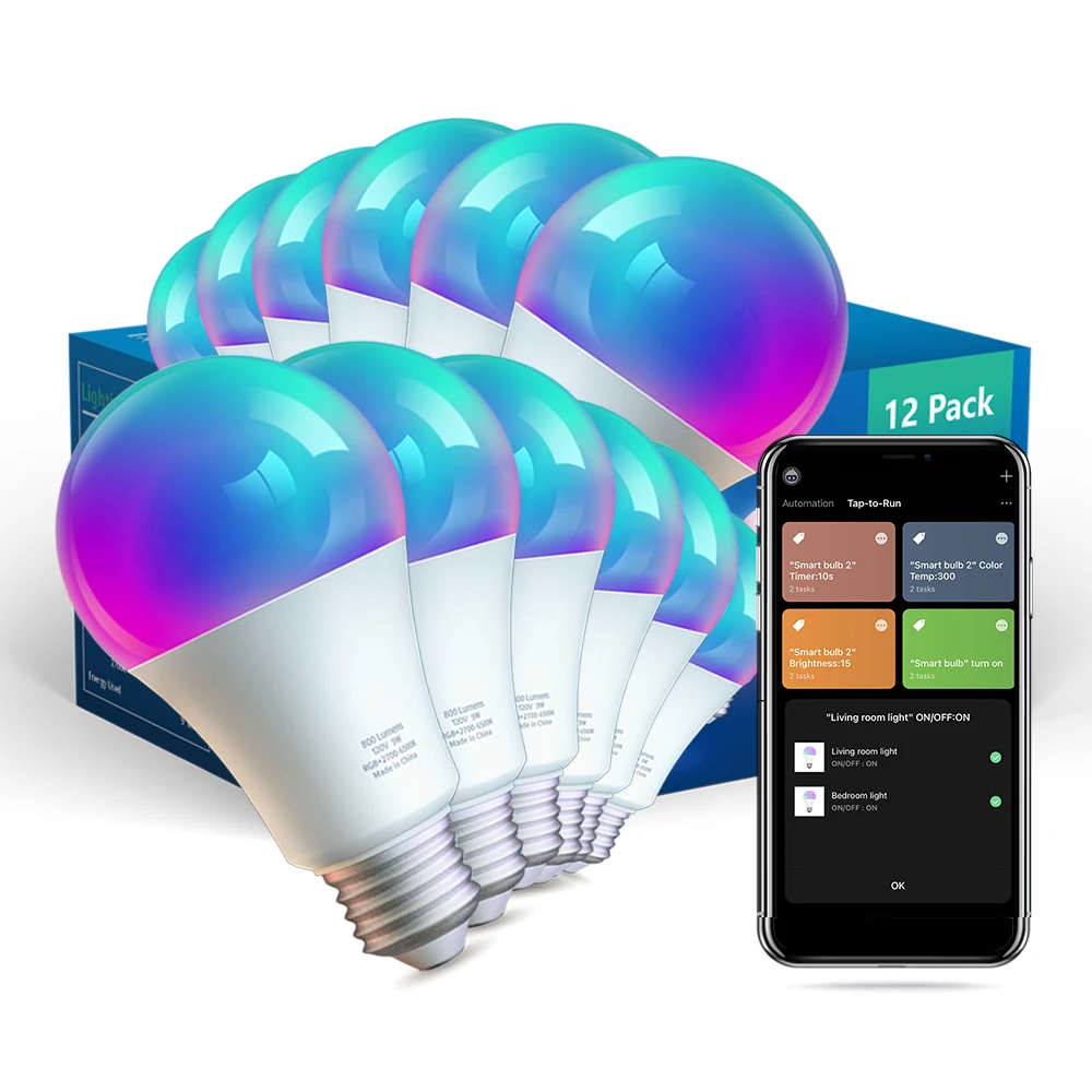 

E26 A19 RGB 12 Pack 9W 800 LM Wifi Blue Tooth Alexa Google Control Dimmable LED Light Smart Bulbs