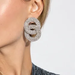 2024 New Shiny Rhinestone Double Circles Drop Earrings for Women Fashion Jewelry Boutique Collection Ears Accessories Gifts