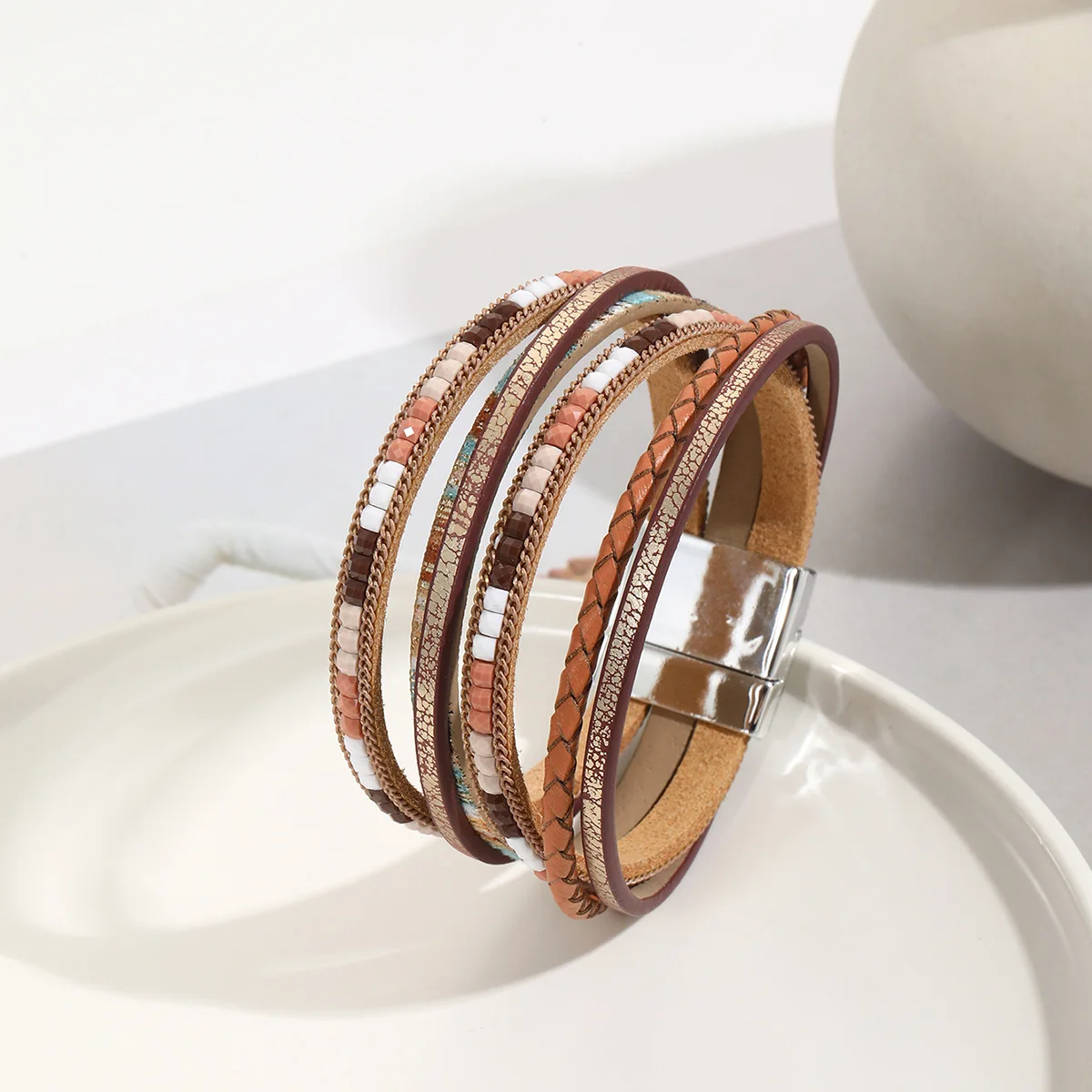 

Bohemian Vintage Multilayer Leather Bracelets for Women Handmade Woven Leather Bracelet Wide Magnet Clasp Men's Bangle Jewelry
