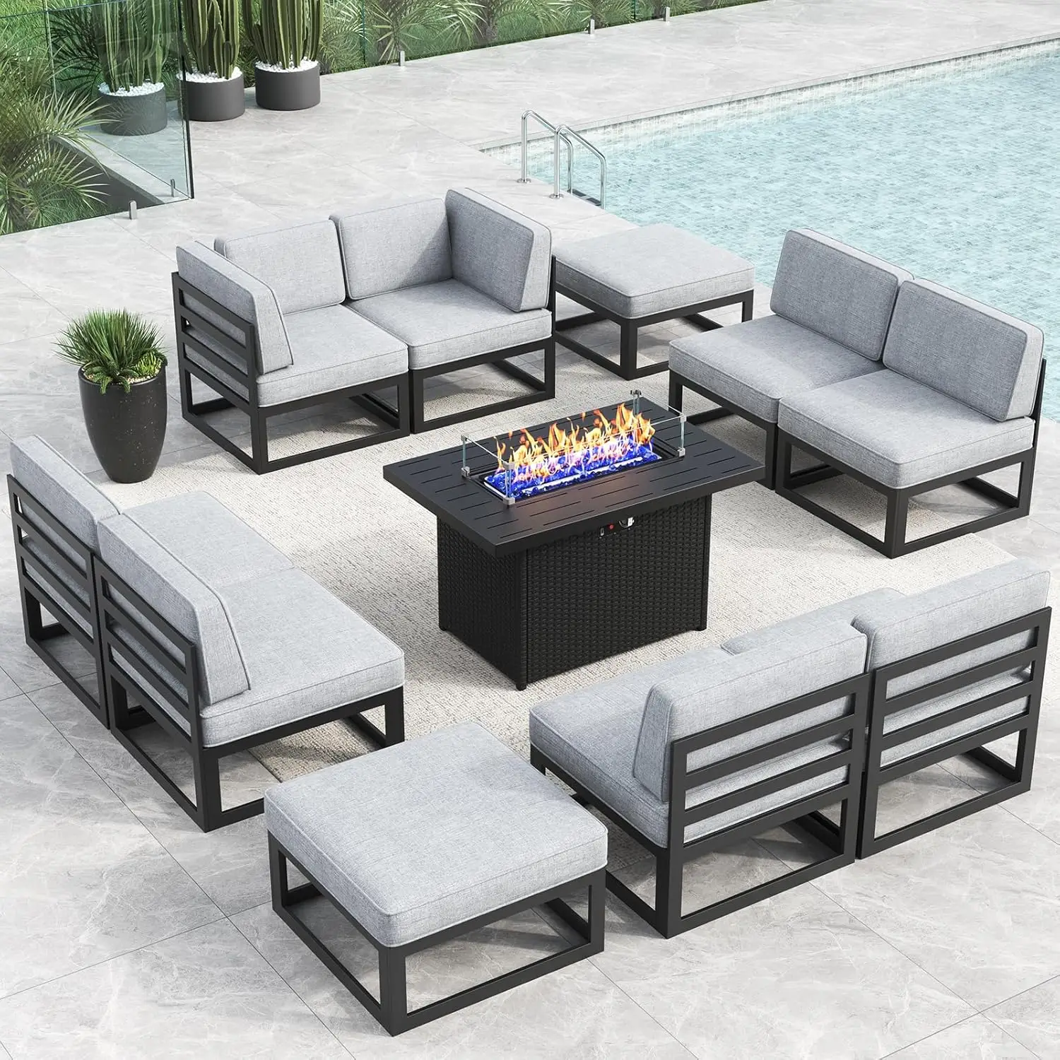 Aluminum Patio Furniture Set with Fire Pit Table, Modern Outdoor Conversation Set Sectional Metal Sofa Set with Olefin Cushion