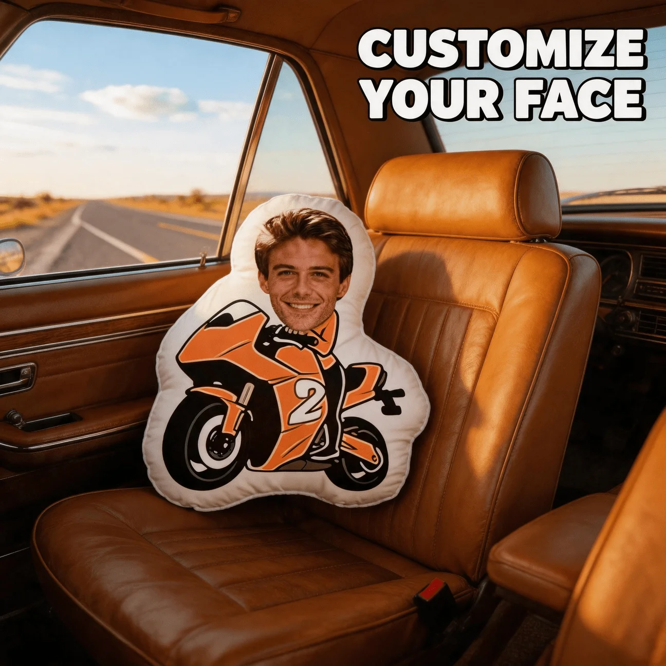 Custom Photo Shaped Pillow, Personalized Face on Orange Motorcycle Racer Design Decorative Cushion, Unique Home Decor Accent for