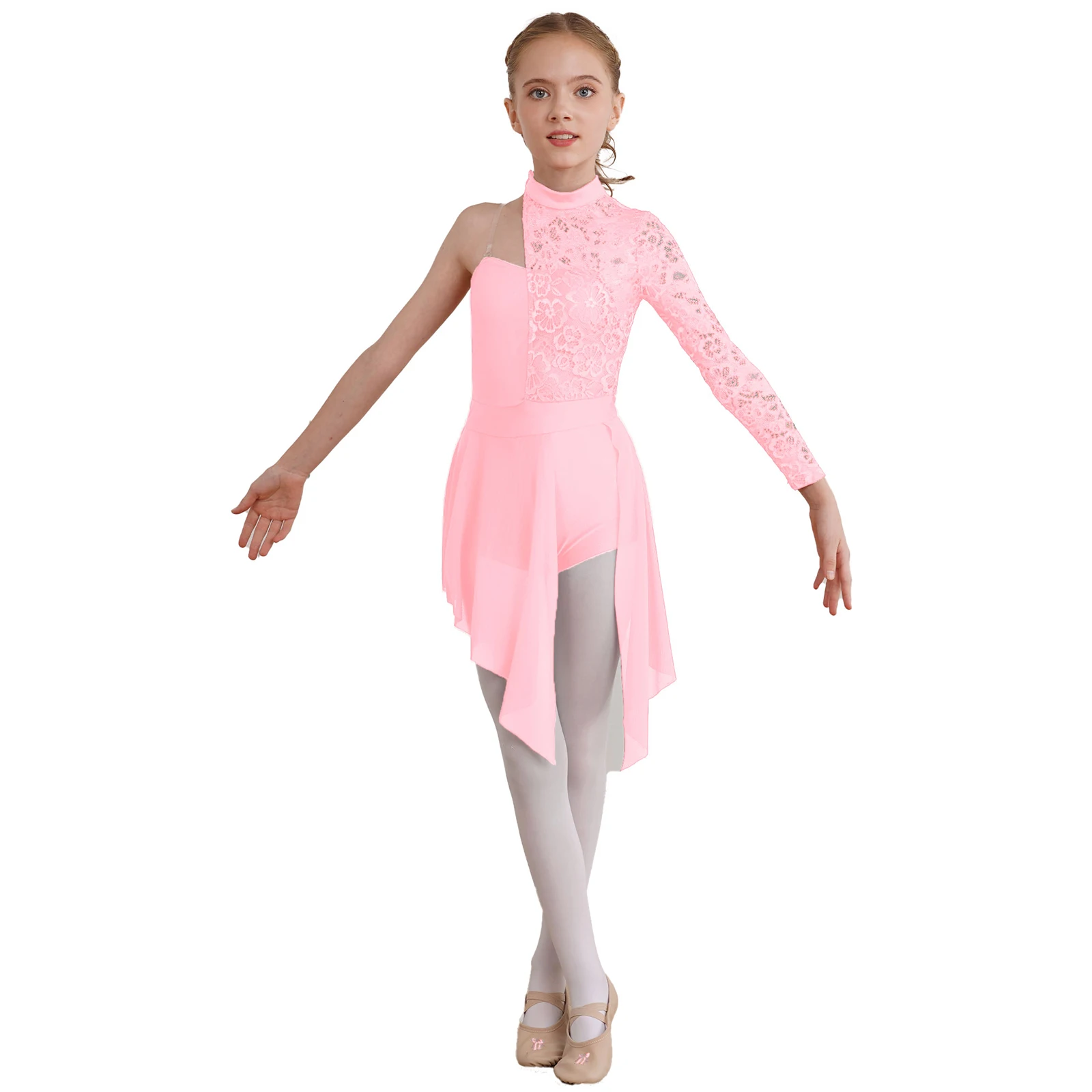 

Kids Lyrical Ballet Dance Dress Girls Floral Lace Bodice Figure Skating Latin Jazz Cha-cha Costume One-Piece Jumpsuit