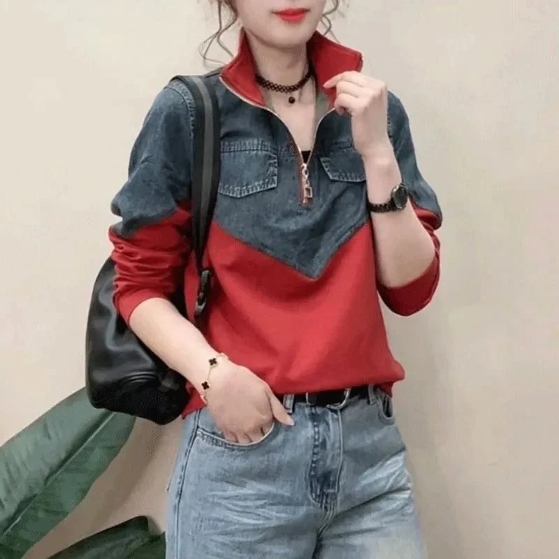

Stand-UP Collar Sportshirt Women's Spring Autumn 2025 New Large Size 5XL Denim Stitching Jacket Korean Female Overwear Thin Tops