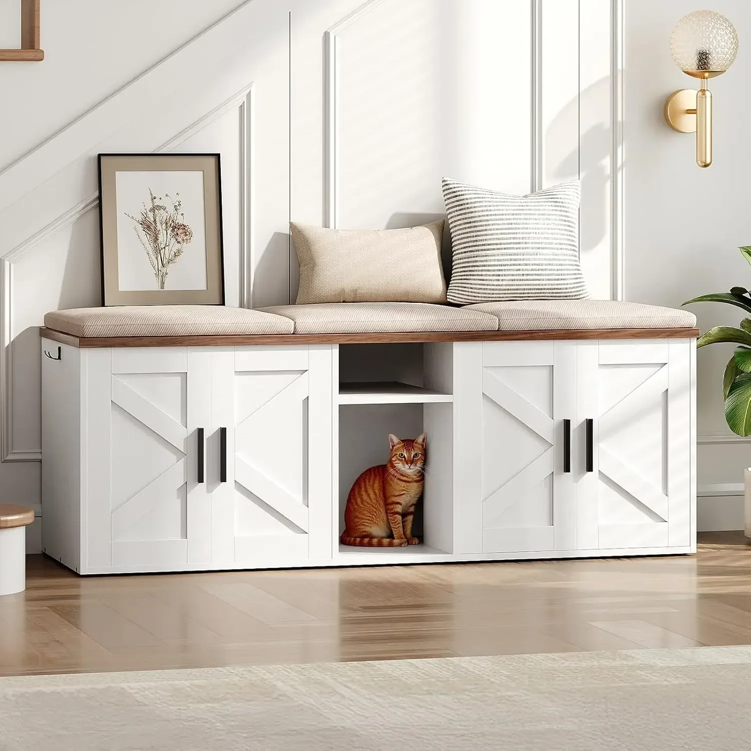 Double Litter Box Enclosure, Hidden Litter Box Enclosure with Corridor, Cat Litter Box Furniture with Storage Layer, Wooden Litt
