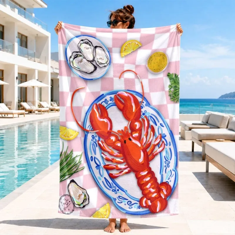 Pink Gingham Lobster Oyster Lemon Seafood Checkered Print Microfiber Quick Dry Beach Towel Coastal Nautical Style Bath Towel