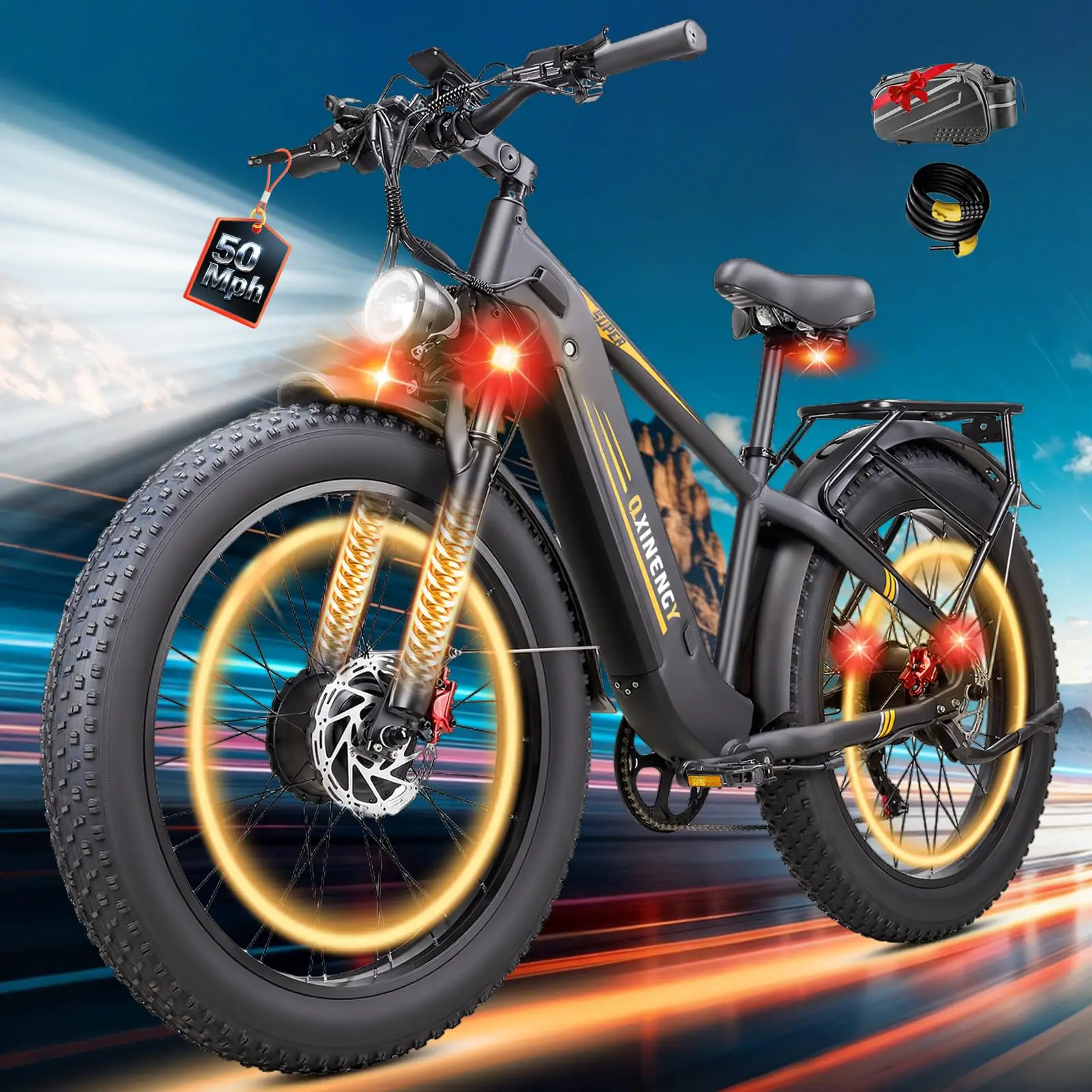 8000W Peak Dual Motor Ebike for Adults, Max 50 MPH Fast Electric Bike, 52V 1352Wh Built-in Battery 100 Miles, Adjustable Stem, L