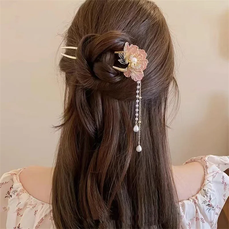 Tassel Hanfu Hair Chopsticks Headpieces U Shape Pearl Flower Hair Fork Hairpin Hair Accessories Chinese Style Hair Stick Party view 2