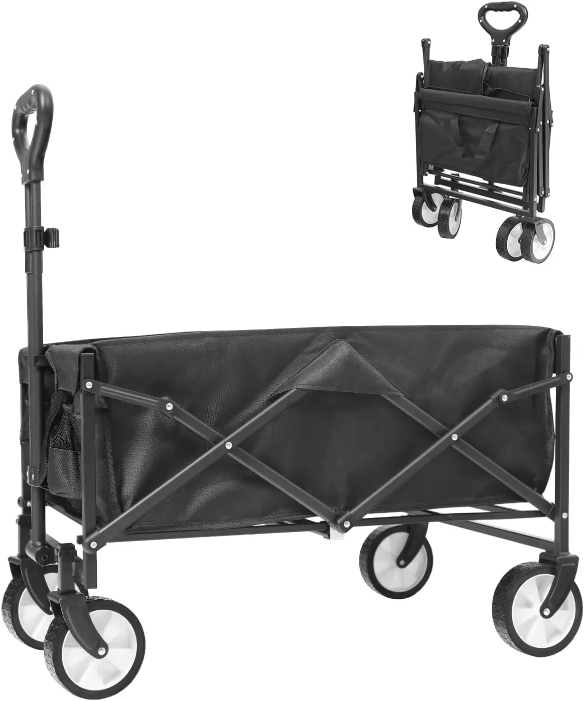 NEW Collapsible Folding Outdoor Utility Wagon, Beach Wagon Cart with All Terrain Wheels & Drink Holders, Garden & Beach Black