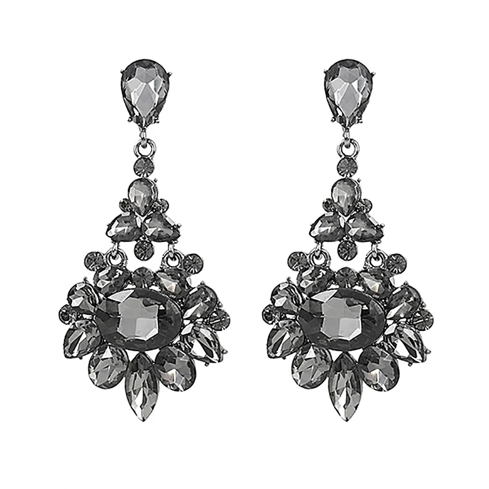 Prom Bridal Jewelry Accessories Wholesale Long Dark Blue Gray Champagne Crystal Rhinestone Drop Statement Earrings for Women