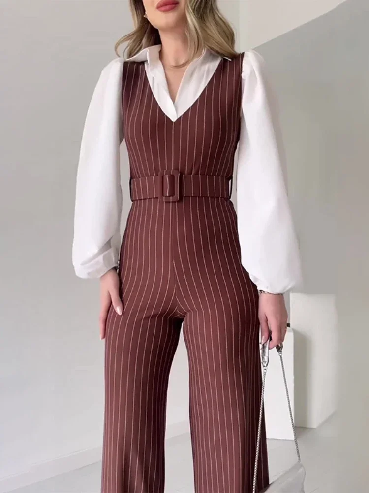 Spring Summer Long Sleeve Turn-down Collar Rompers Fashion Party Jumpsuits Woman Elegant Splice Stripe Loose Play Suits Trousers