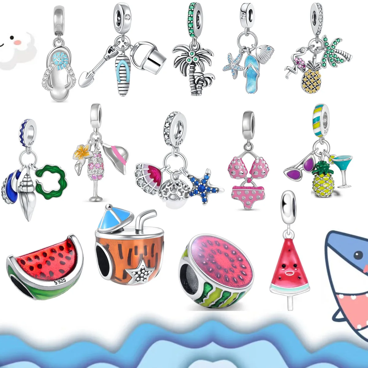 

New In 925 Sterling Silver Summer Watermelon Coconut Ariel Charms Bead Fit Original Bracelet TrinketFor DIY Women Jewelry