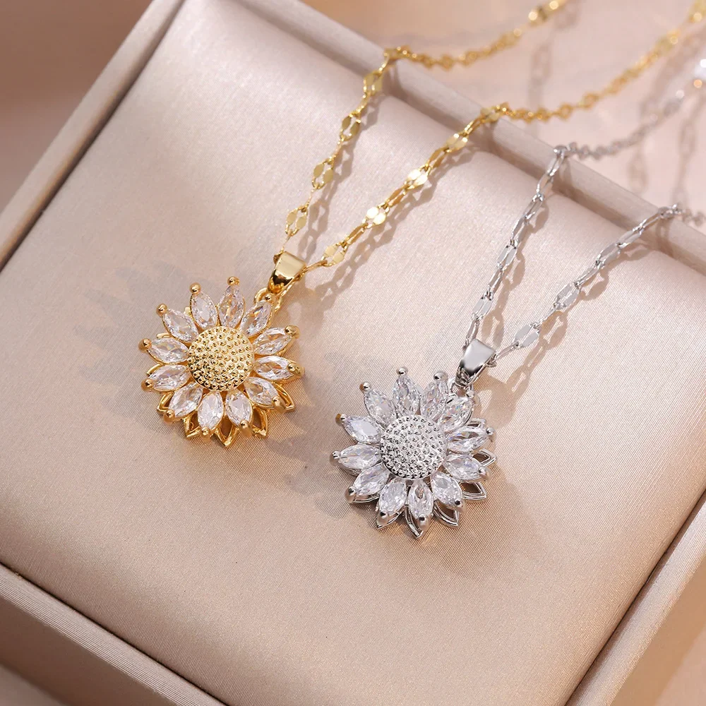 Shiny Rotatable Sunflower Daisy Pendant Necklaces for Women Girls Sweet Stainless Steel Chain Jewelry Accessories Gifts