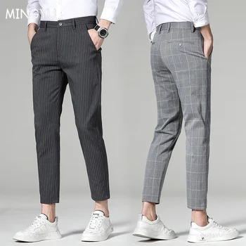 Hohe Qualität Plaid Streifen Knöchel Länge Hosen Männer Business Lange Länge Hose Gerade Korea Grau Schwarz Anzug Formale Hosen Männlich