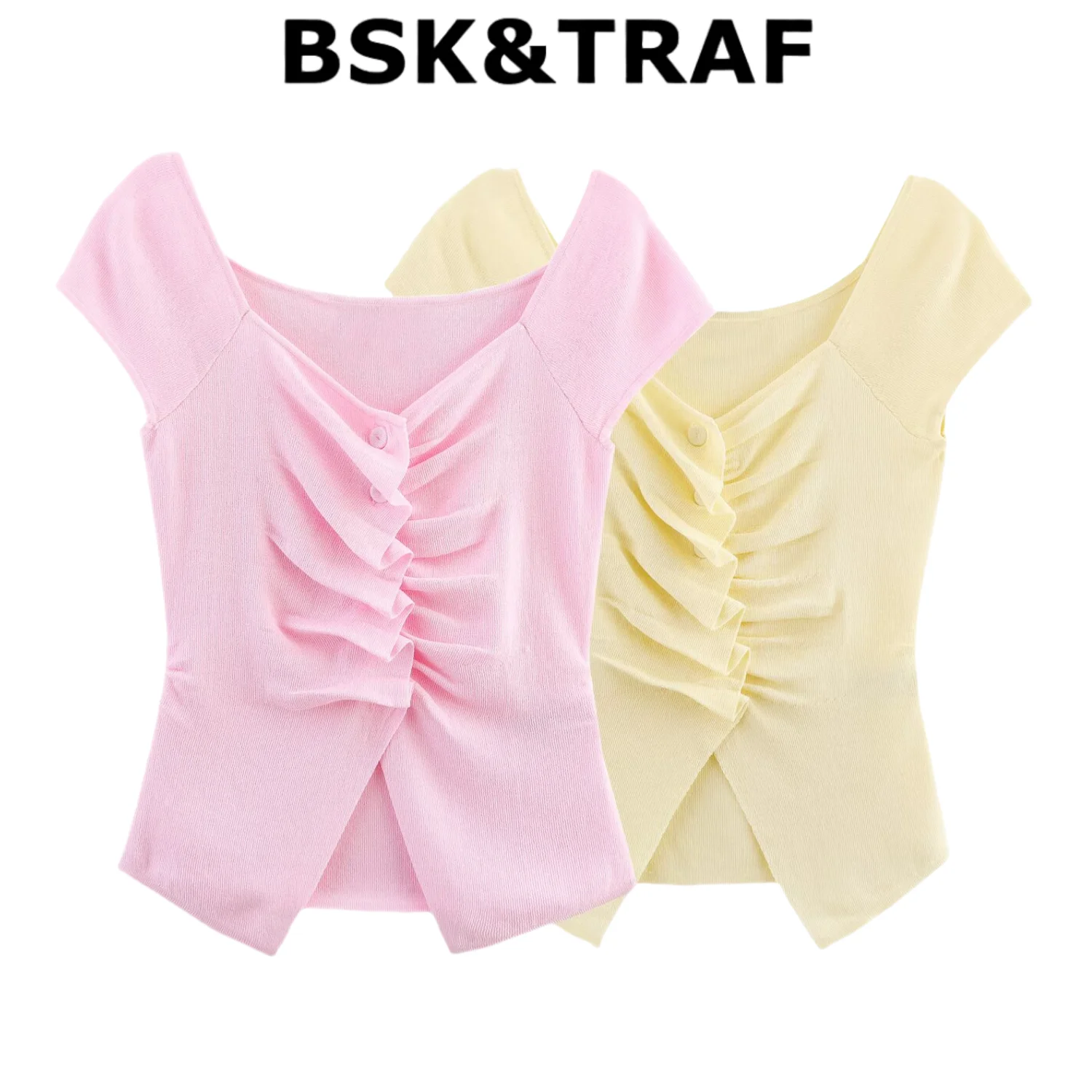 

BSK&TRAF2025 New Summer Product Women's Solid Color Pleated Decorative Sleeveless Round Neck Knitted Top 3920/262
