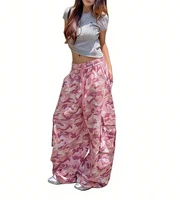 Unique Pink Camouflage Cargo Pants High Waisted Wide Leg Casual Streetwear with Drawstring Waist & Side Pockets Hip Hop Dance
