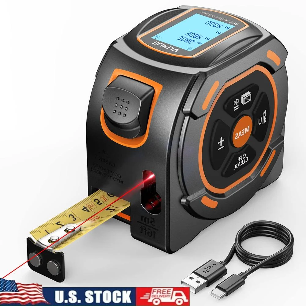 197Ft Laser Tape Measure Digital Display 16Ft Manual Measure Pythagorean Area Volume Mode USB Charging Shock Resistant ABS Cover