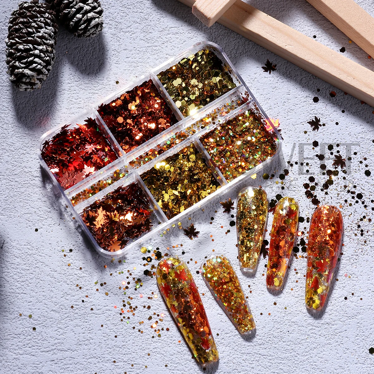 6칸 골든 가을 네일 글리터 슬라이스 단풍잎 육각형 모양 장식 스팽글 DIY 가을 겨울 반짝이는 매니큐어 액세서리