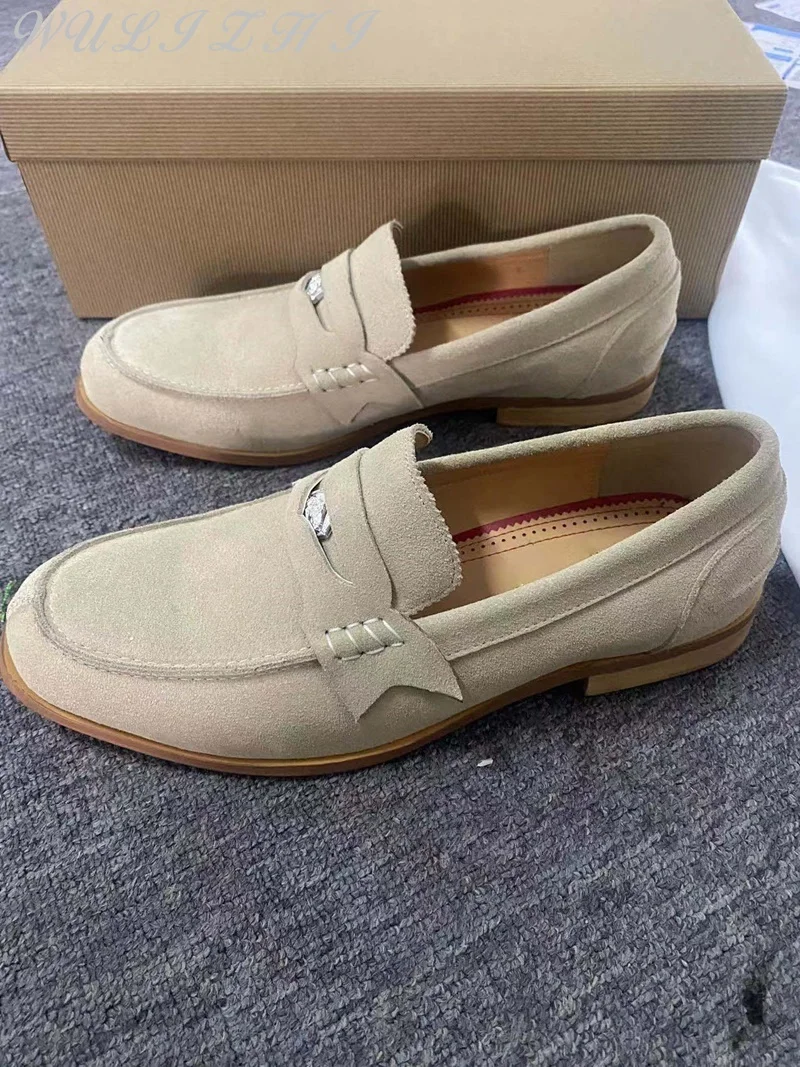 Beige Suede Leather Casual Men's Loafers Designer Round Toe Non Slip Comfortable Derby Shoes Solid Color Daily Male Shoes