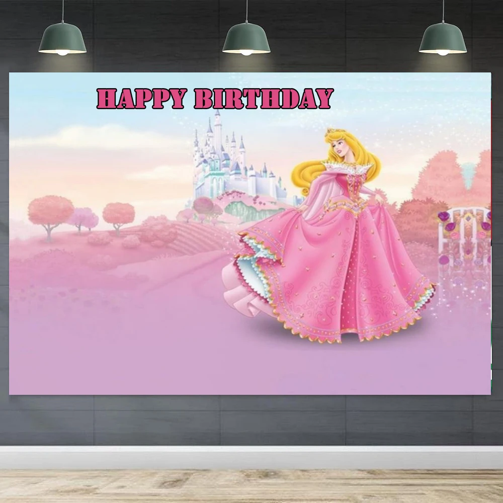 

Photography Backdrop Sleeping Beauty Aurora Princess Castle Banner For Girls Birthday Party Background Can Be Customize Name